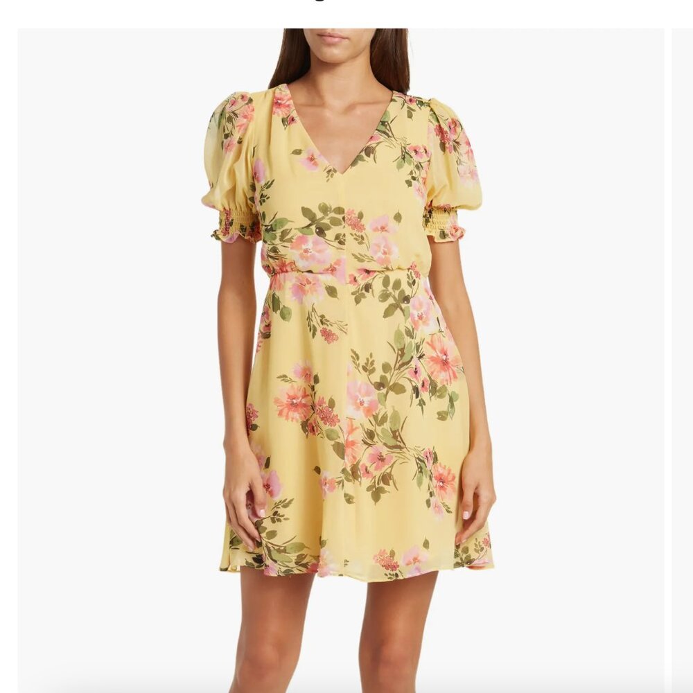 Vince Camuto Floral Print Puff Sleeve Chiffon Dress